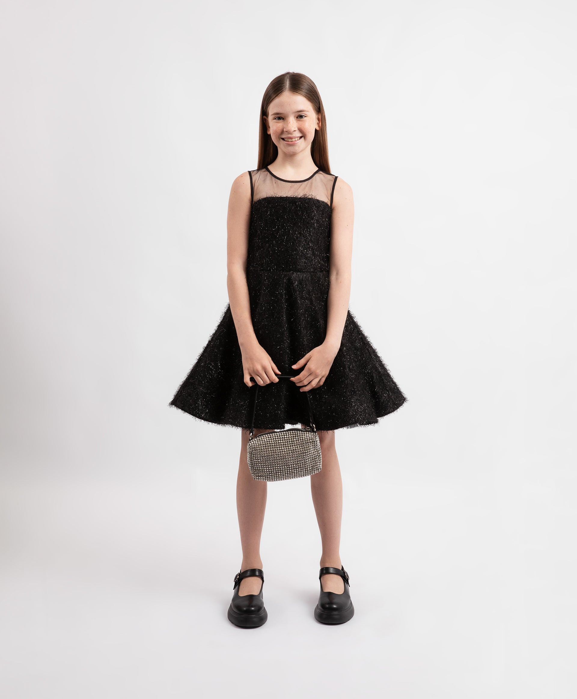Girls' Fitted Black Dress with Mesh and Lurex Fabric by Gulliver Girls' Fitted Black Dress with Mesh and Lurex Fabric by Gulliver