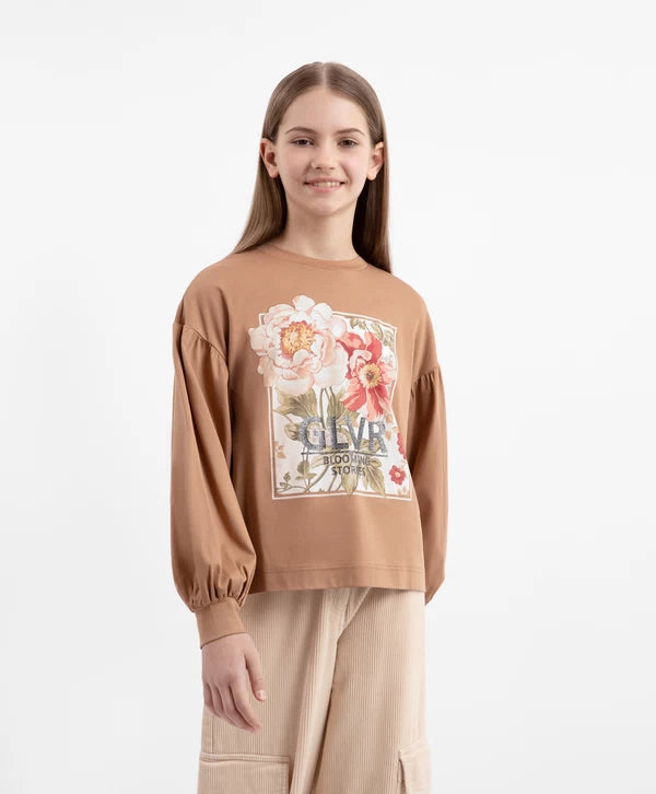 Gulliver Brown Long-Sleeve T-Shirt with Puff Sleeves & Floral Print for Girls