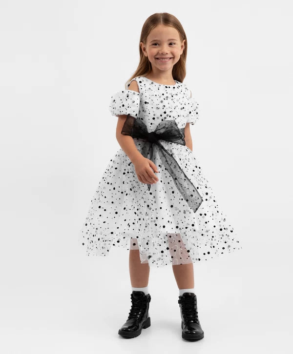 Gulliver White Dress with Voluminous Sleeves & Belt for Girls
