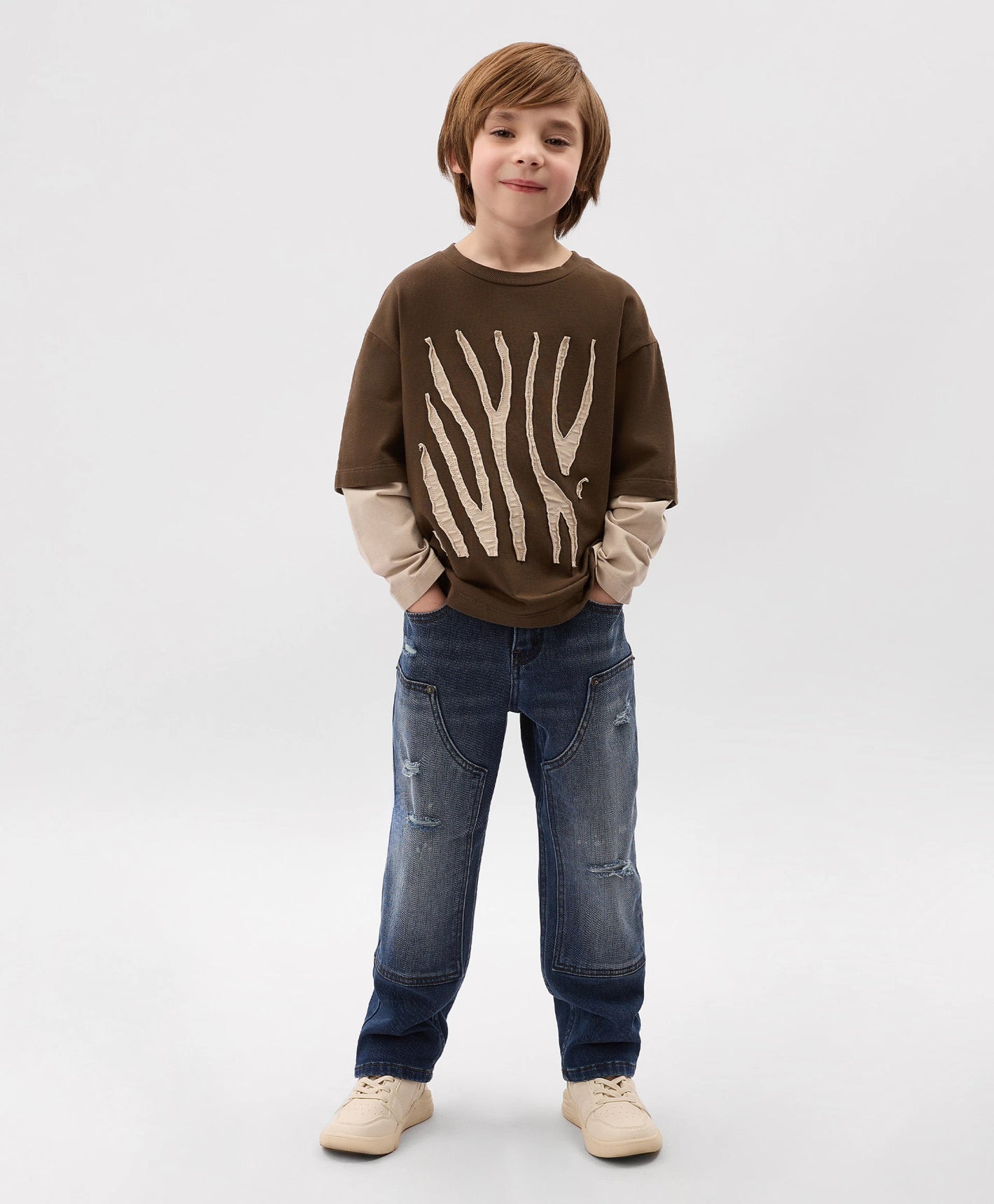 Gulliver Brown long sleeve top for boys with layered-look effect
