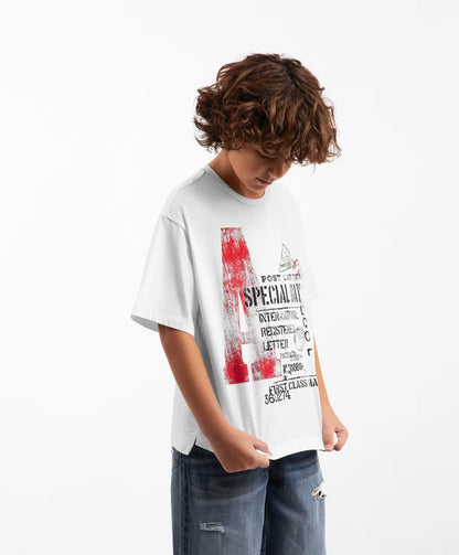 Gulliver White Short Sleeve T Shirt with Original Print for Boy Junior-Transit