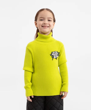 Gulliver Girls' Yellow Knitted Turtleneck with Flower Appliqu