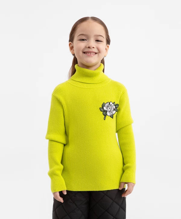Gulliver Girls' Yellow Knitted Turtleneck with Flower Appliqu
