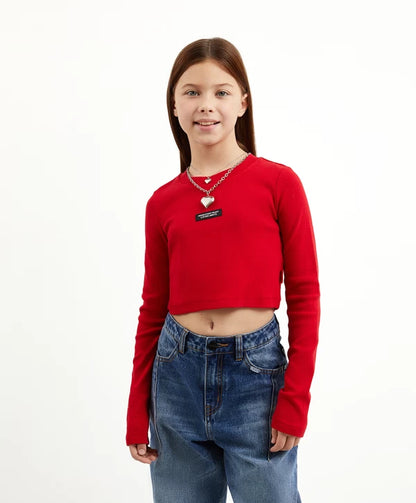 Gulliver Red Cropped Rib Long Sleeve T-shirts for GIrl Junior-Hot Heart