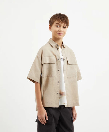 Gulliver Beige Linen Short Sleeve Shirt for Boy Junior-Decoupage