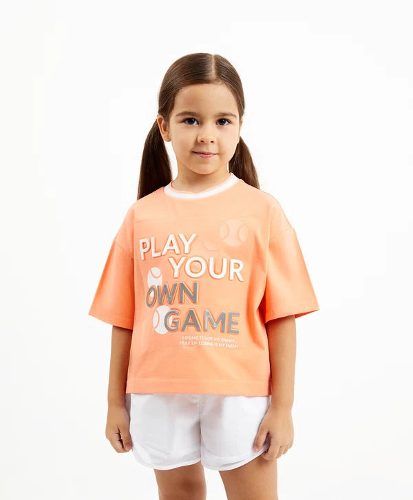 Gulliver Oversized Coral T-Shirt with Embossed Decor for Girl Mini-Court