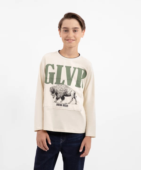Gulliver Milk White Jersey Long sleeve with Print & Patch for Boys