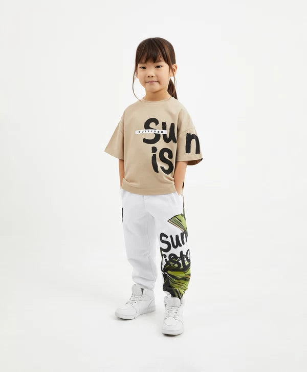 Gulliver White Knitted Jogger Pants with Asymmetrical Print for Girl Mini-Ecuador