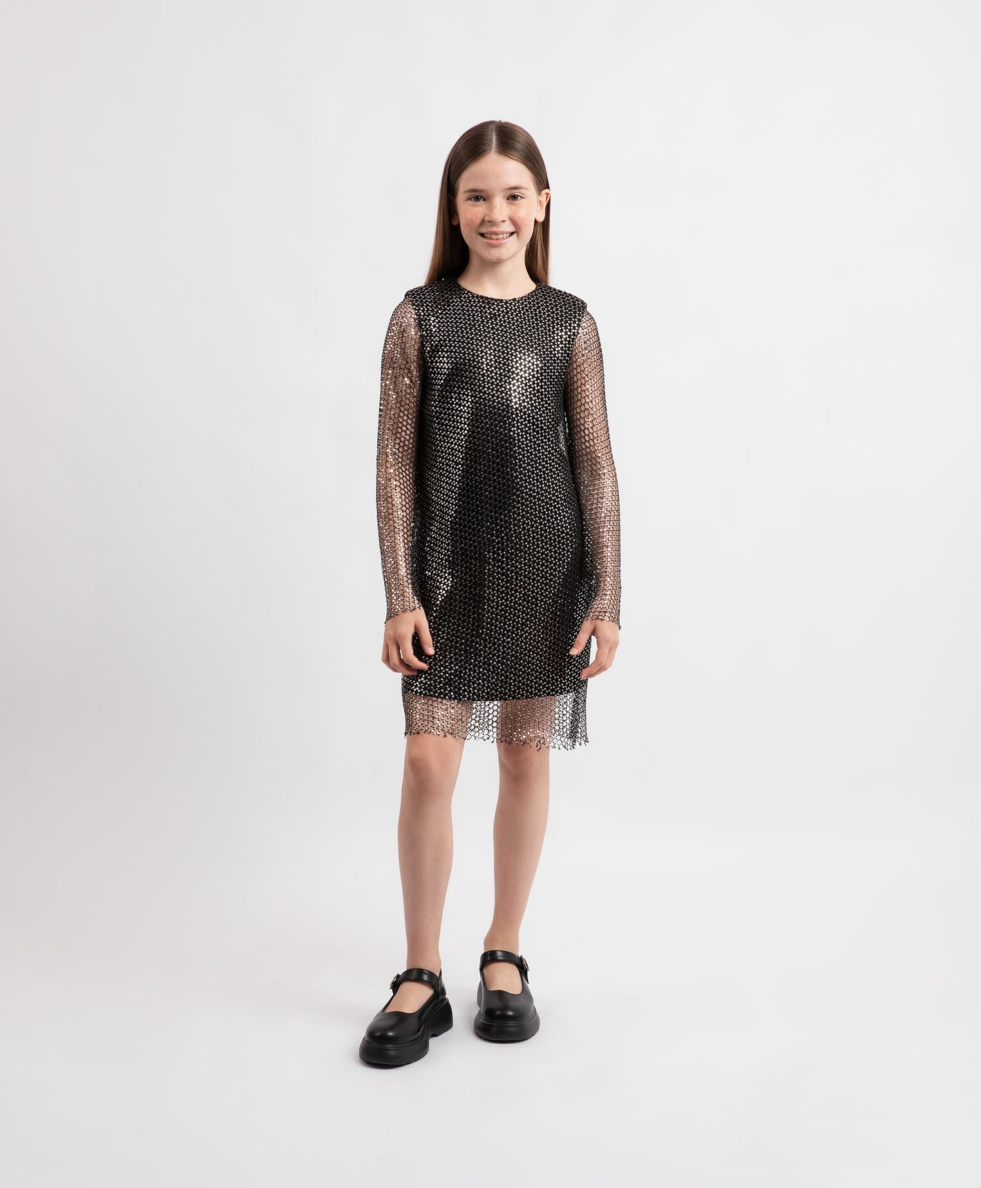 Gulliver Girls Black Long-Sleeve Knit Dress with Sequin Mesh Overlay- Rose Quartz
