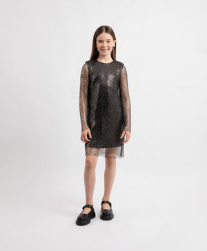 Gulliver Girls Black Long-Sleeve Knit Dress with Sequin Mesh Overlay- Rose Quartz