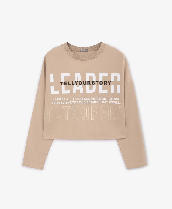 Gulliver Beige Cropped Long Sleeve with Graphic Text for Girls