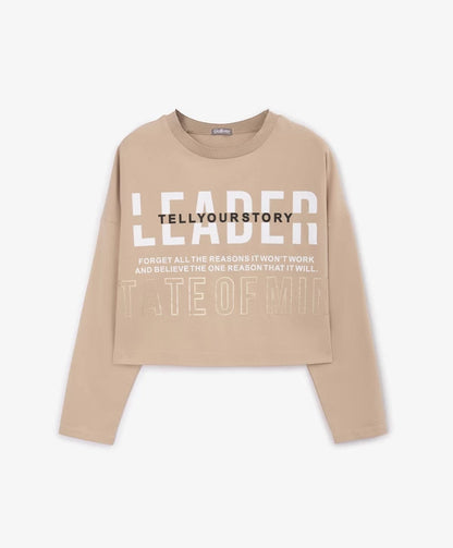 Gulliver Beige Cropped Long Sleeve with Graphic Text for Girls