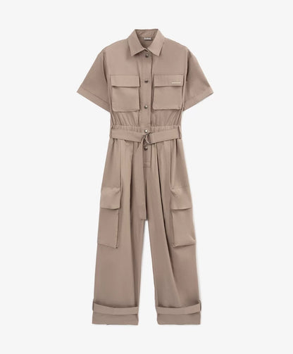 Gulliver Brown short-sleeve textile jumpsuit for girls with cargo pockets