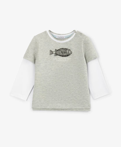 Gulliver Two-tone boys' long sleeve top with a layered-look print
