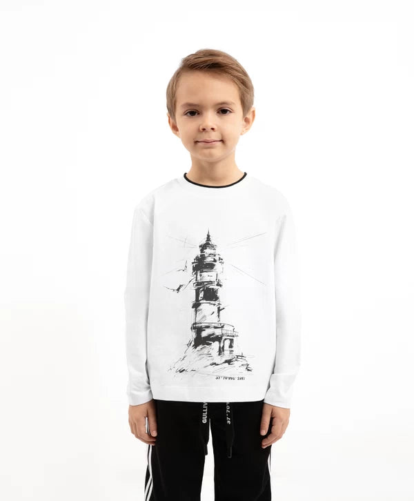 Gulliver White Long-Sleeve T-Shirt with Print for Boy Mini-Lighthouse