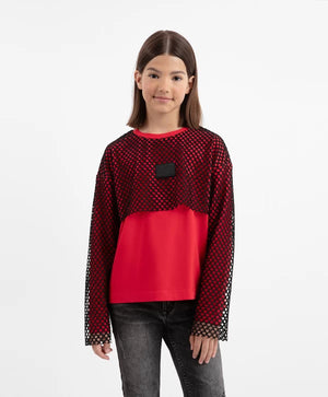 Gulliver Red Knit Long Sleeve Top with Mesh for Girls