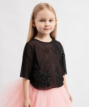 Gulliver Girls Pink Cropped Blouse with Black Mesh and Sequins Mini-Rose Quartz