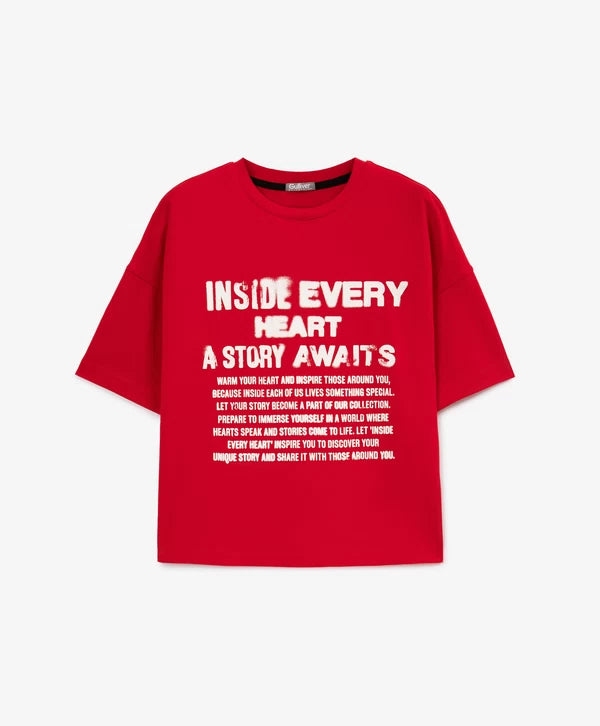Gulliver Red Printed Short Sleeve T-shirts for Girl Junior-Hot Heart