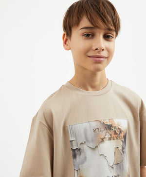 Gulliver Beige Relaxed Fit Short Sleeve T-Shirt for Boy Junior-Decoupage