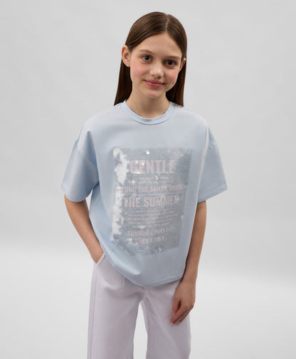 Gulliver Oversized T-shirt for girls with transparent sequins decor blue