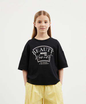 Gulliver Black Oversized Mercerized Interlock T-shirt for Girl Junior-Arboretum