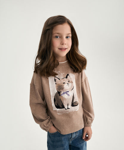 Gulliver Beige Long sleeve T-shirt for Girl Mini-Maine Coon