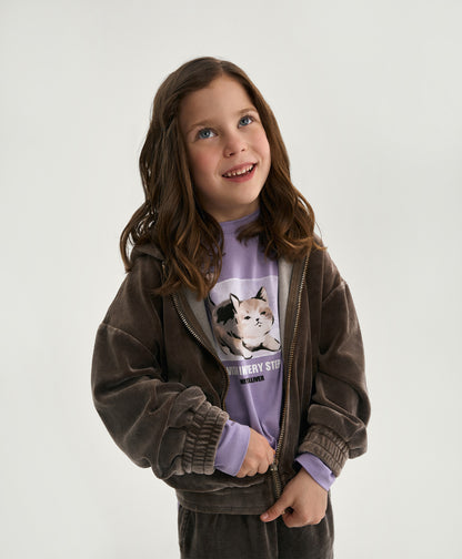 Gulliver Brown Velour Hoodie with Washed Effect for Girl Mini-Maine Coon