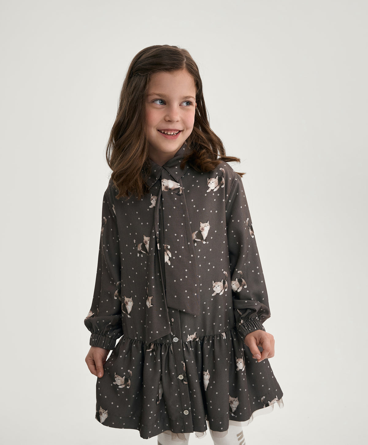 Gulliver Brown A-Line Long-Sleeve Dress with Detachable Bow for Girl Mini-Maine Coon