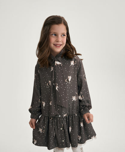 Gulliver Brown A-Line Long-Sleeve Dress with Detachable Bow for Girl Mini-Maine Coon