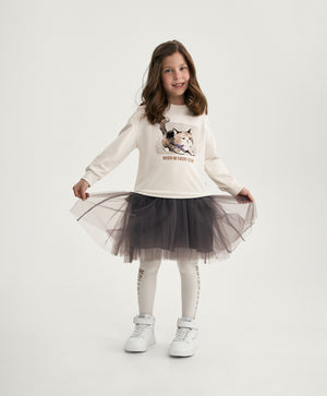 Gulliver Milk Long-Sleeve Fleece Dress with Mesh Skirt for Girl Mini-Maine Coon