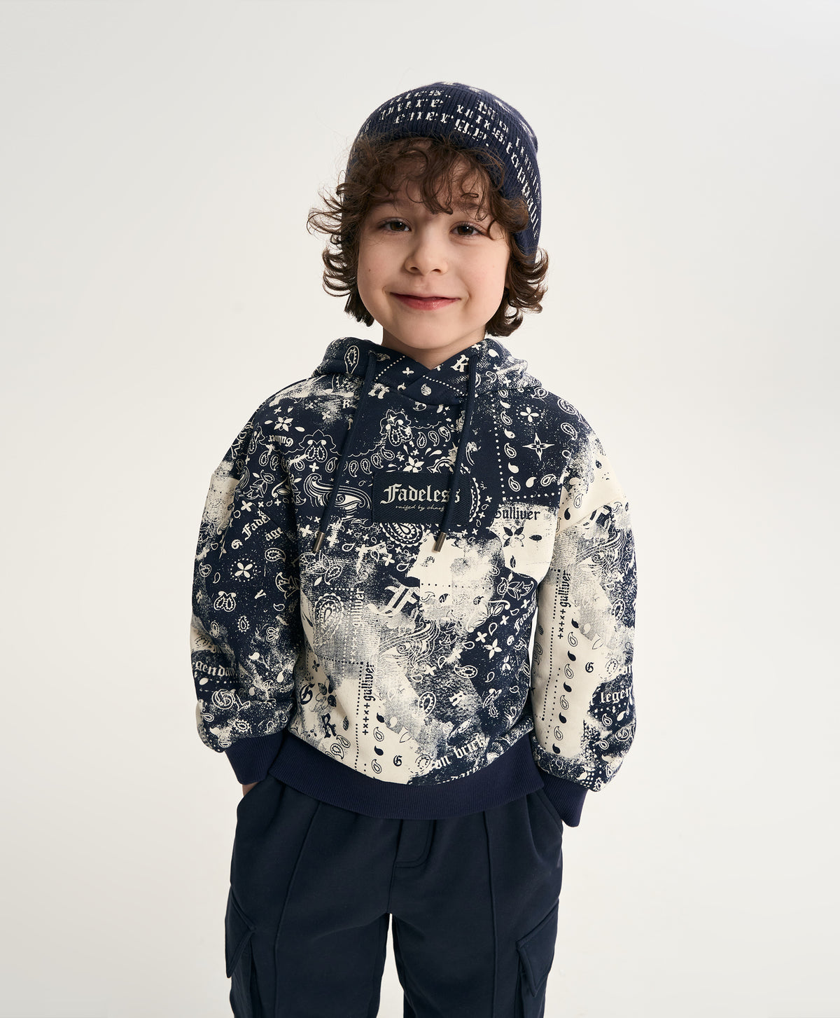Gulliver Dark Blue Fleece Hoodie with Paisley Print for Boy Mini- Monotyping