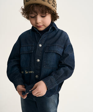 Gulliver Dark Blue Denim Shirt with Distressed Details and Print for Boy Mini- Monotyping