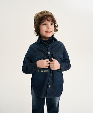 Gulliver Dark Blue Denim Shirt with Distressed Details and Print for Boy Mini- Monotyping
