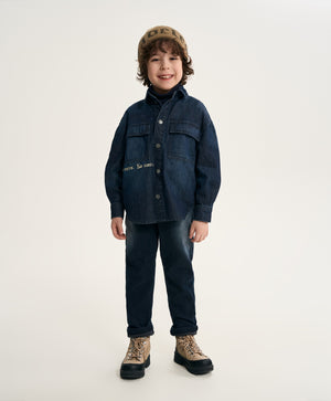 Gulliver Dark Blue Denim Shirt with Distressed Details and Print for Boy Mini- Monotyping