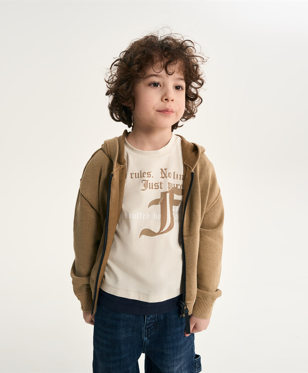 Gulliver Beige Knitted Oversized Cardigan with Washed and Destroyed Effects for Boy Mini- Monotyping