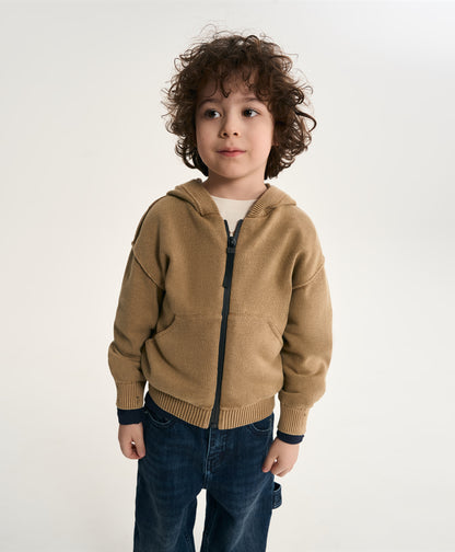 Gulliver Beige Knitted Oversized Cardigan with Washed and Destroyed Effects for Boy Mini- Monotyping