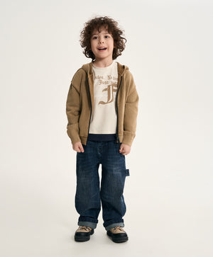 Gulliver Beige Knitted Oversized Cardigan with Washed and Destroyed Effects for Boy Mini- Monotyping