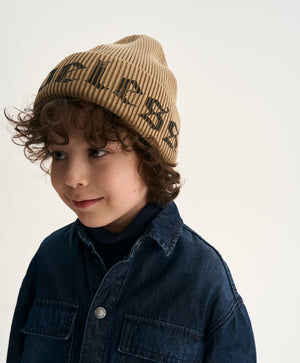 Gulliver Beige Double-Layer Knitted Beanie with Print for Boy Mini- Monotyping