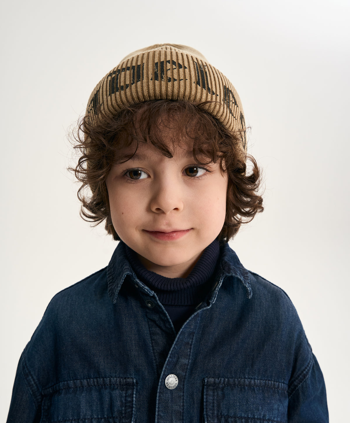 Gulliver Beige Double-Layer Knitted Beanie with Print for Boy Mini- Monotyping