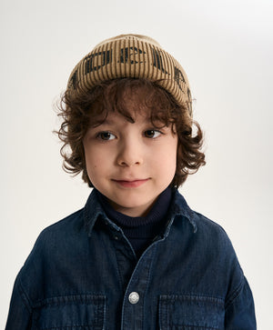 Gulliver Beige Double-Layer Knitted Beanie with Print for Boy Mini- Monotyping