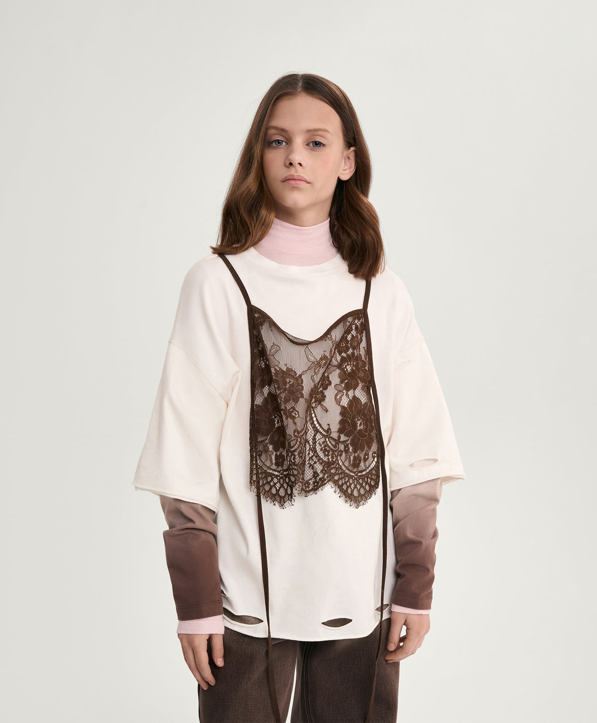 Gulliver Milk Long-Sleeve T-Shirt with Layered Effect and Lace for Girl Junior- Rhapsody