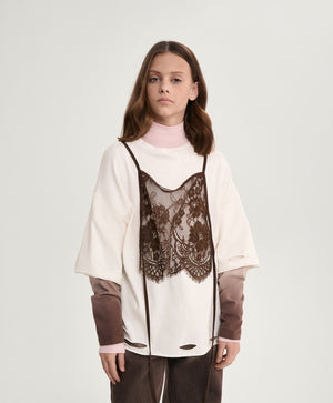 Gulliver Milk Long-Sleeve T-Shirt with Layered Effect and Lace for Girl Junior- Rhapsody