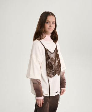 Gulliver Milk Long-Sleeve T-Shirt with Layered Effect and Lace for Girl Junior- Rhapsody