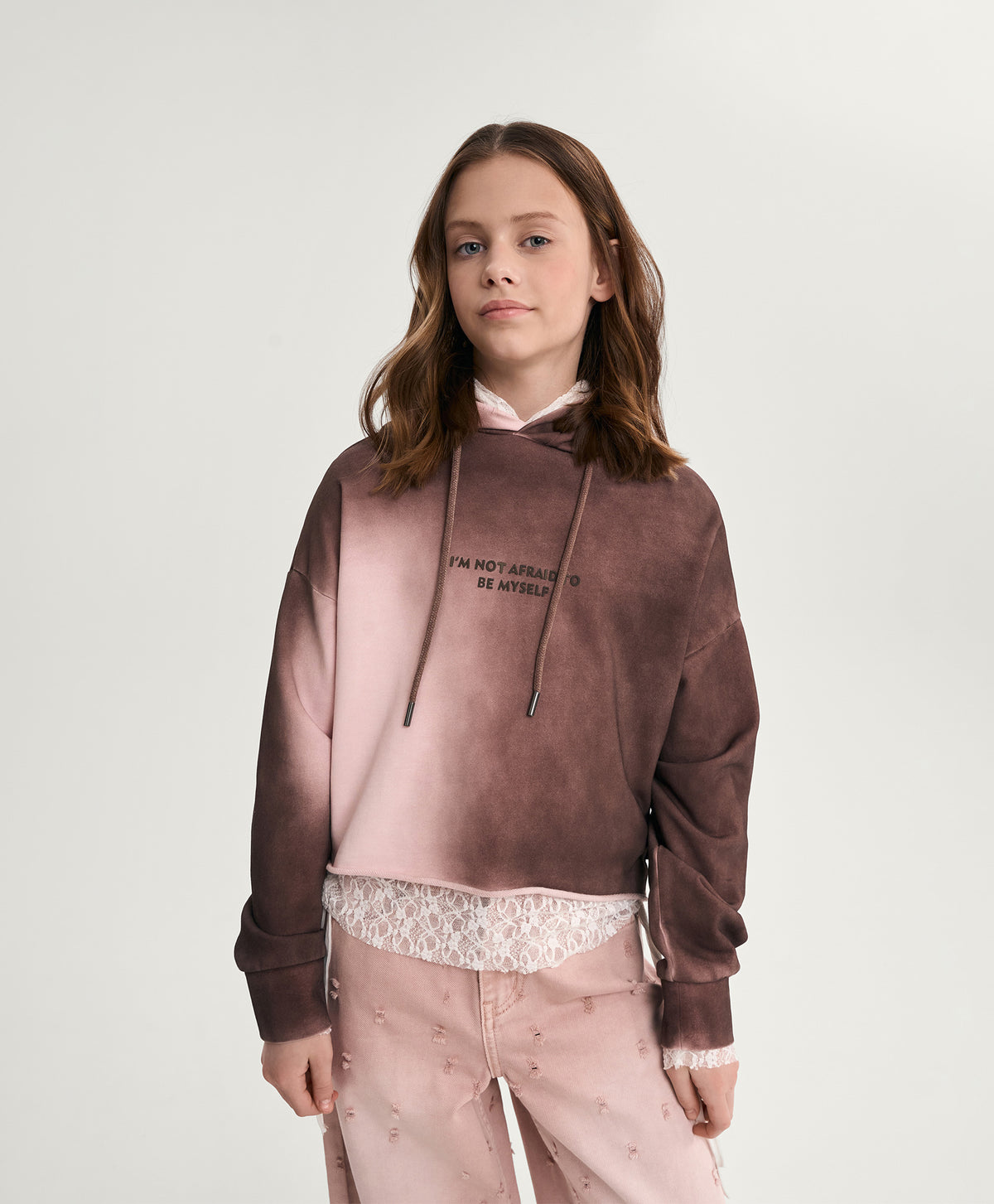 Gulliver Brown Cropped Hoodie with Gradient Effect and Print for Girl Junior-Rhapsody