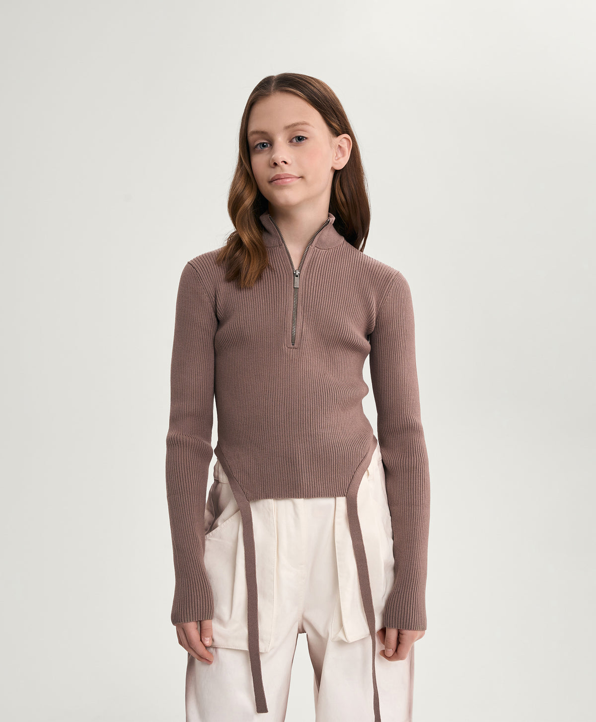 Gulliver Brown Cropped Knitted Turtleneck with Shaped Hem and Cords for Girl Junior-Rhapsody