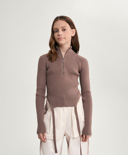 Gulliver Brown Cropped Knitted Turtleneck with Shaped Hem and Cords for Girl Junior-Rhapsody