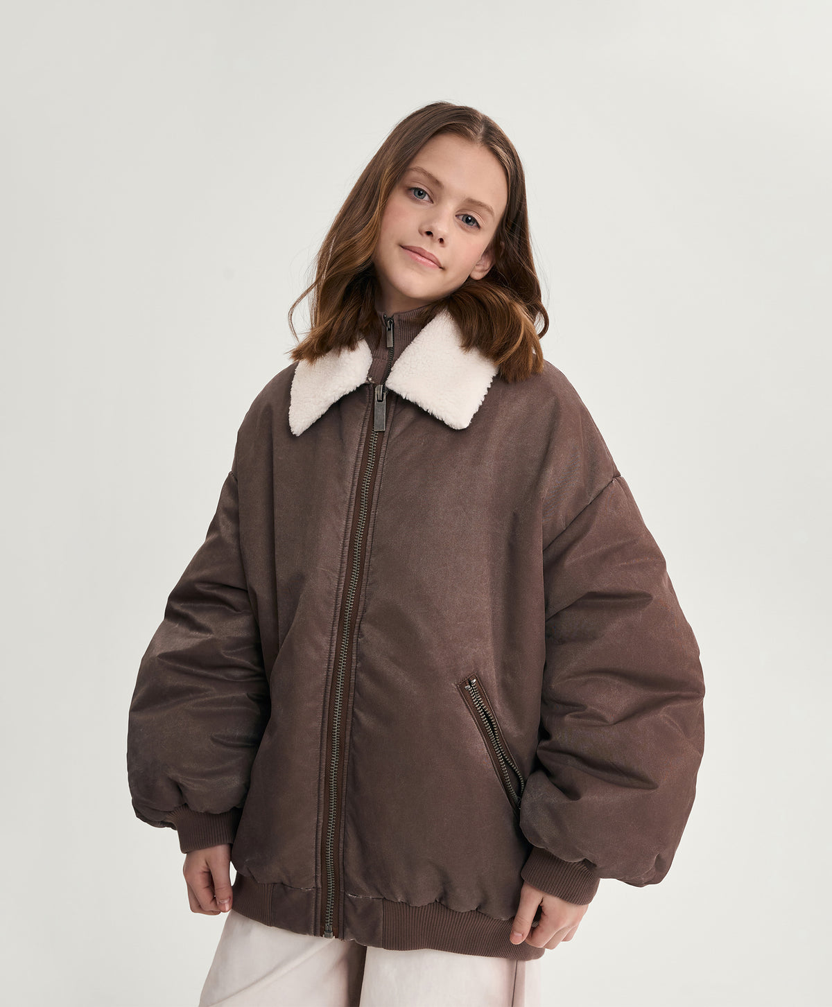 Gulliver Brown Insulated Bomber Jacket with Distressed Details and Removable Sherpa Collar for Girl Junior-Rhapsody