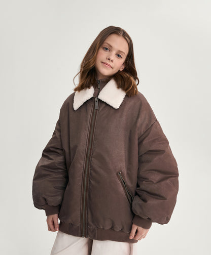 Gulliver Brown Insulated Bomber Jacket with Distressed Details and Removable Sherpa Collar for Girl Junior-Rhapsody