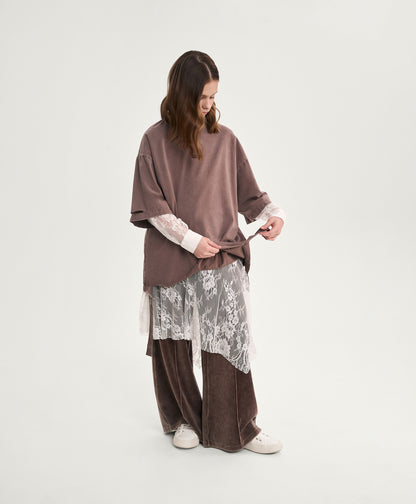 Gulliver Brown and Milk Dress with Distressed Effect and Lace for Girl Junior-Rhapsody