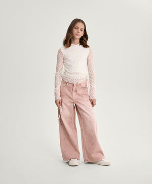 Gulliver Girls’ Pink Wide-Leg Straight Jeans with Distressed Effect for Girl Junior-Rhapsody